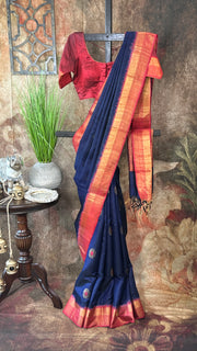 Navy blue and brick red combo pure raw silk saree with stitched blouse