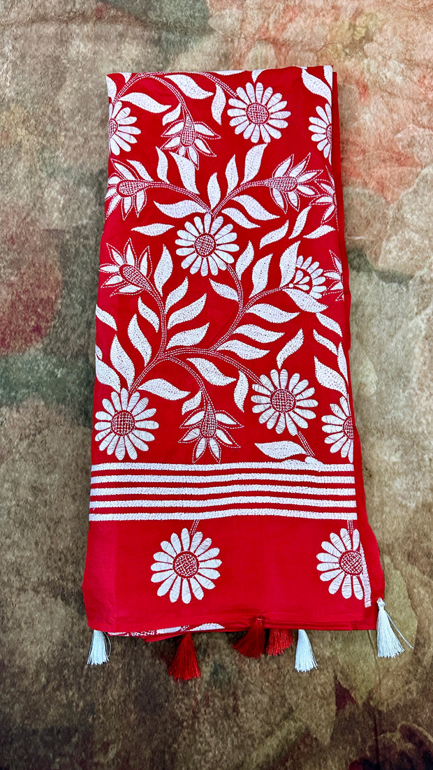 Red pure bangalore silk saree with kantha work , stitched blouse