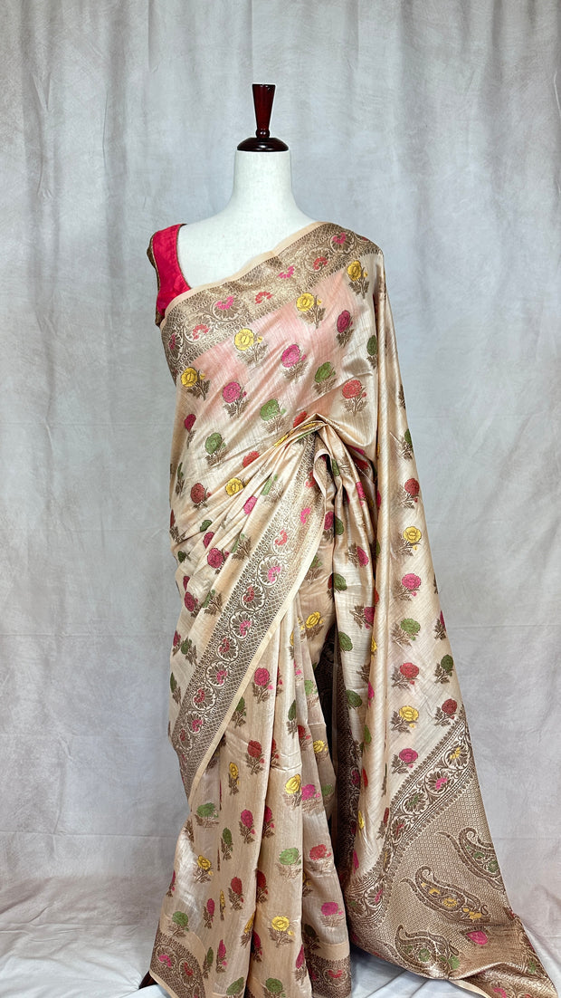 Pure munga silk saree with banarsi weave, stitched blouse