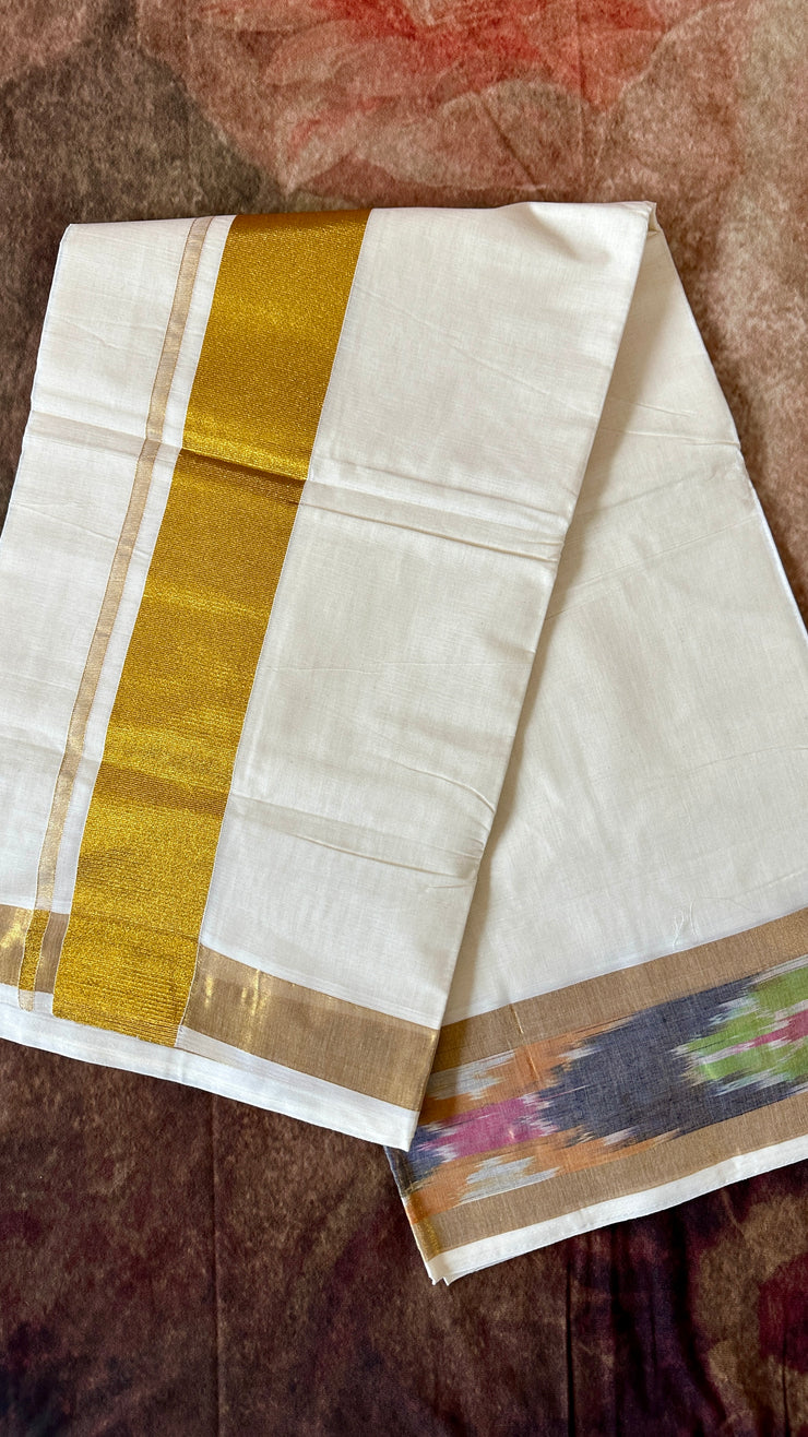 Ikkat weaved border cotton set saree