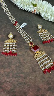 Pearl necklace with maroon stone and chandlier earrings