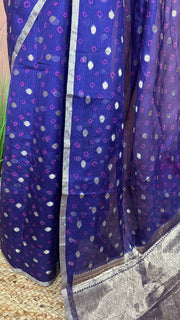 Blue Silk Katan Kotta Bandhej Saree with Stitched Blouse