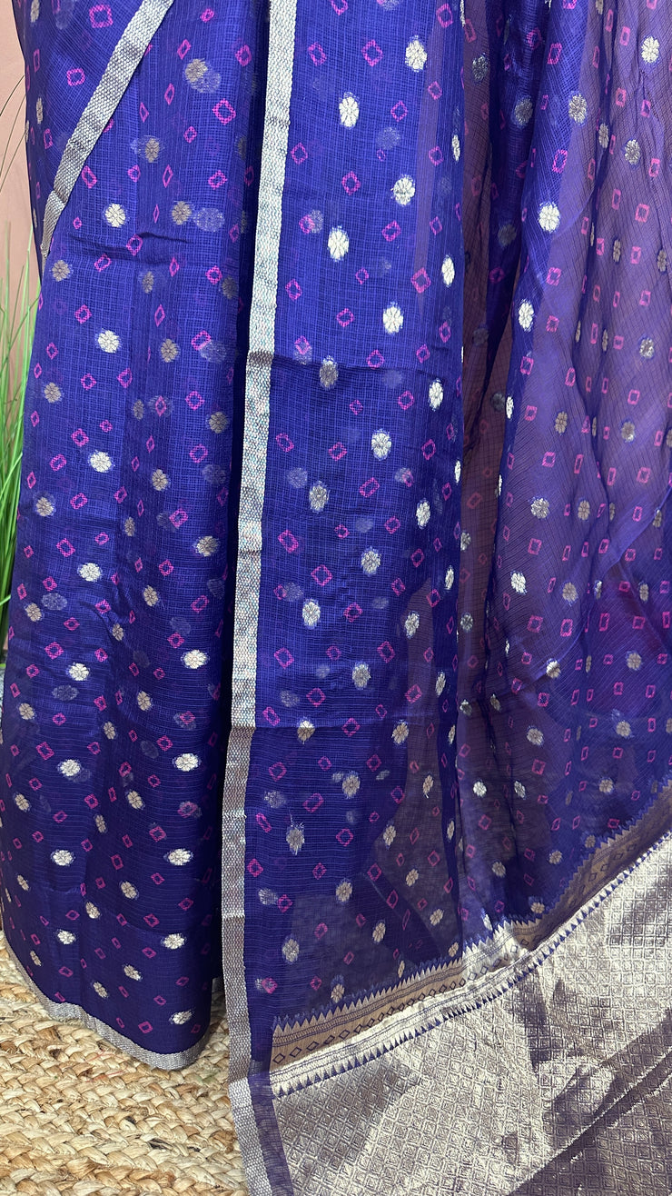 Blue Silk Katan Kotta Bandhej Saree with Stitched Blouse