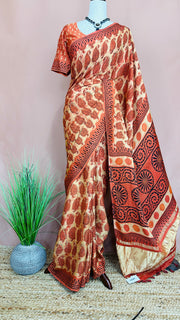 Vanaspati hand block print on modal silk saree with zari pallu and with stitched blouse