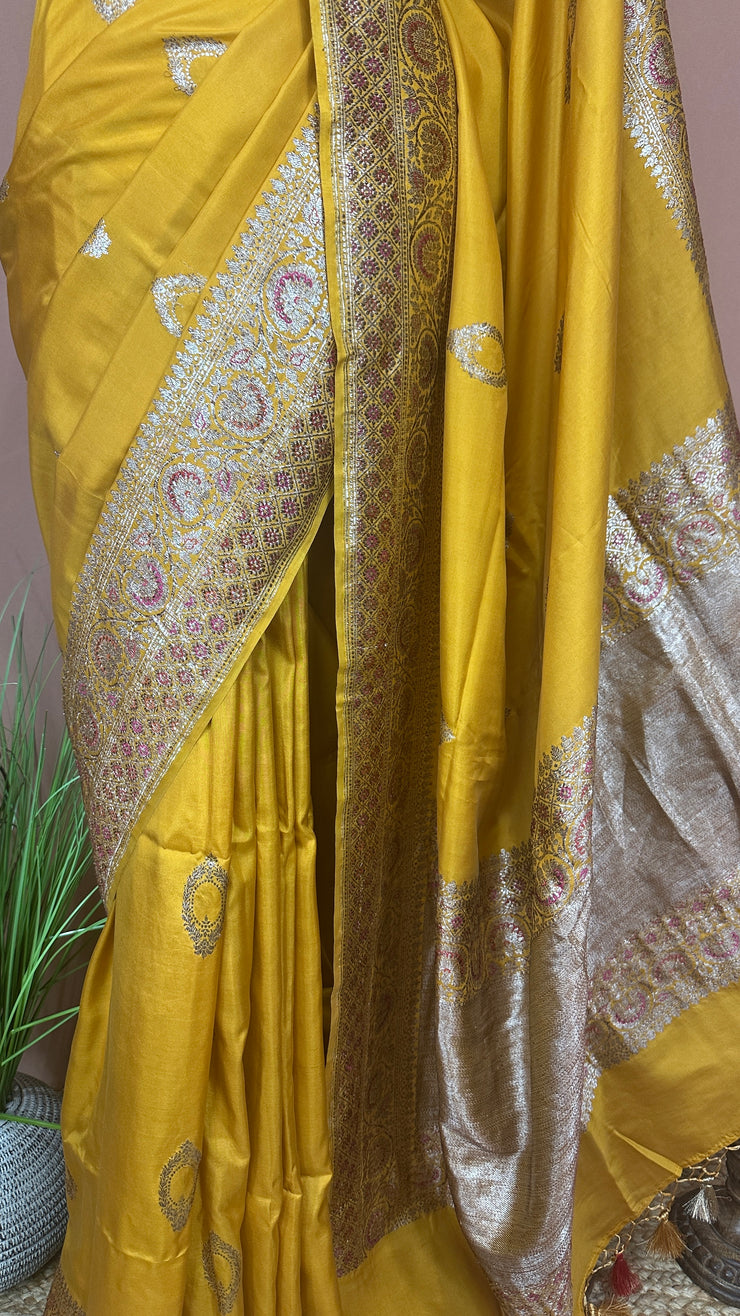 Mustard yellow Mashru Meenakari silk saree, with stitched blouse