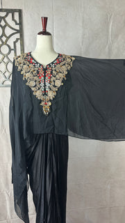 Black crepe drape skirt with embrodered Kaftan