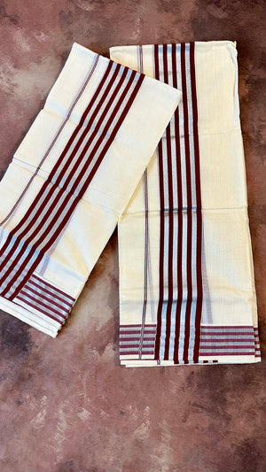 Maroon and silver cotton set mundu