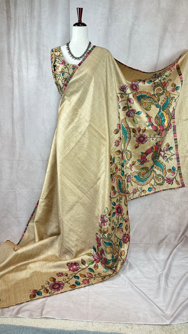 Light biscuit color Semi tussar silk saree with hand emroidery and sleeveless blouse