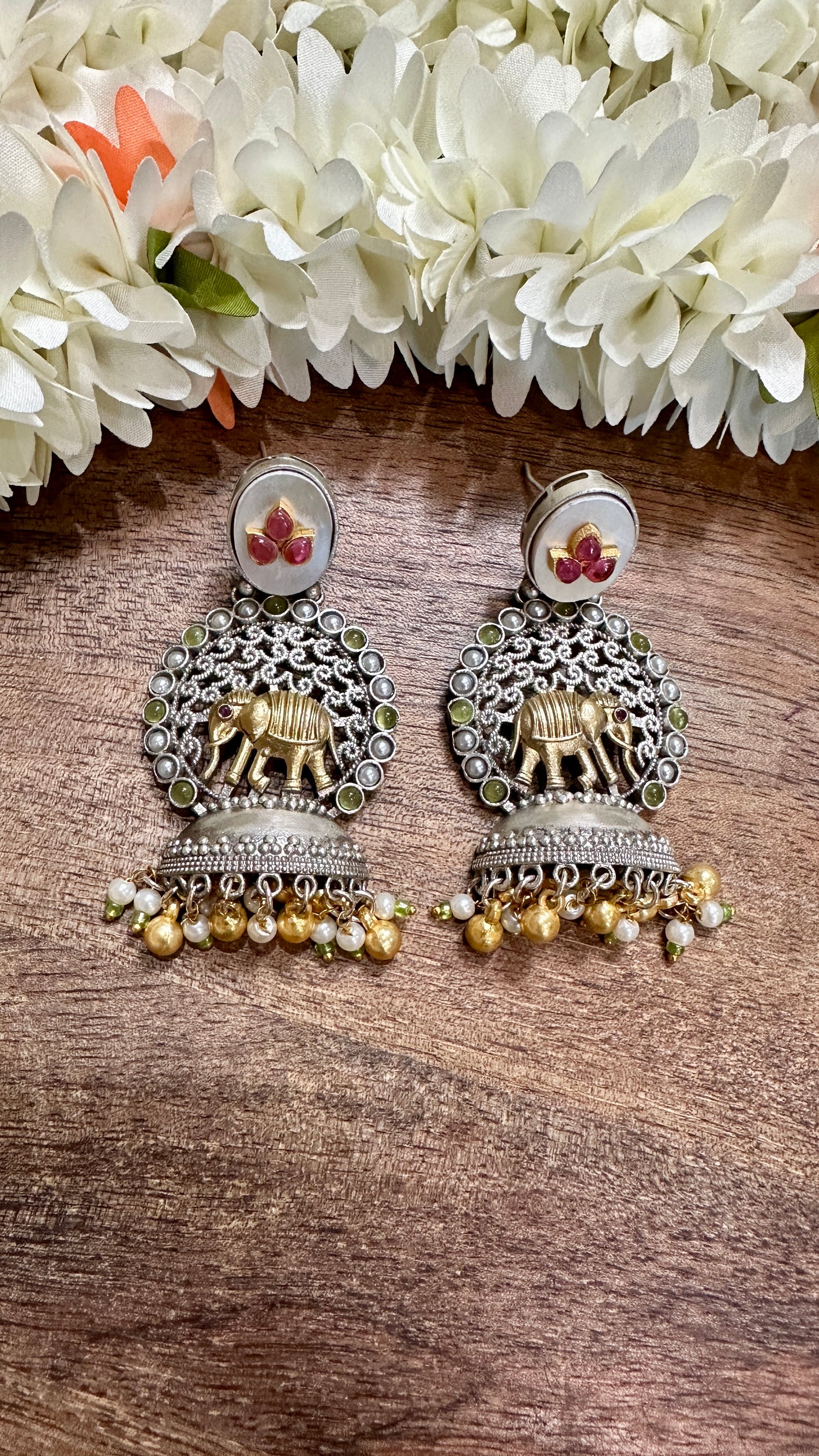 Stud with half jhumka with light green stone