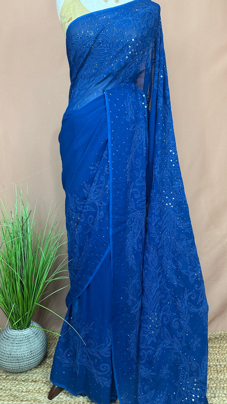 Chikankari hadn Mukesh worked Blue georgette saree with stitched blouse