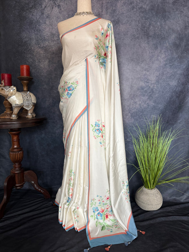 White floral printed Alia bhatt pure satin silk saree with stiched blouse