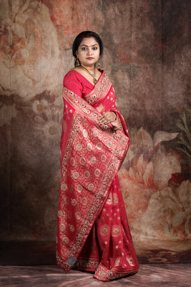 Red dola silk saree with zardosi hand work , with stitched blouse