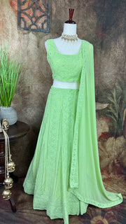 Pista green chikankari lehanga with sequins work