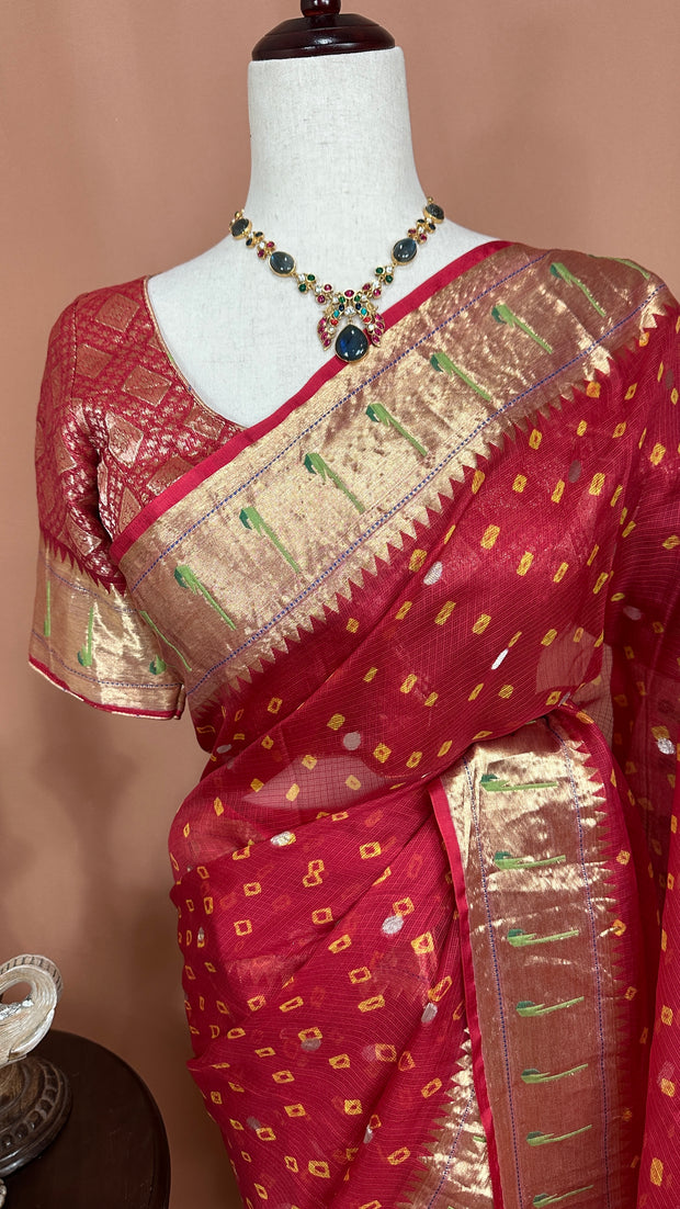 Red Silk Katan Kotta bandej saree with stitched blouse