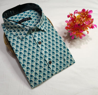 Hand block printed Jaipur cotton shirt with full sleeves