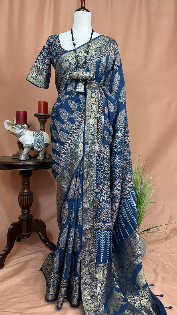 Indigo blue Ajrak hand block printed dola silk saree with stitched blouse