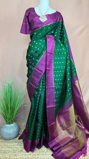 Bottle Green and Wine Red  Kanchivaram Silk Handwoven Saree with Stitched Blouse