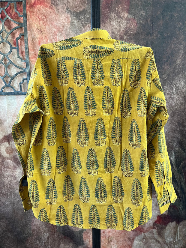 Mustard yellow ajrakh hand block printed cotton shirt-Size 40