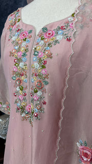 Light pink pure tissue silk salwar top hand embroidery, with bottom and dupatta