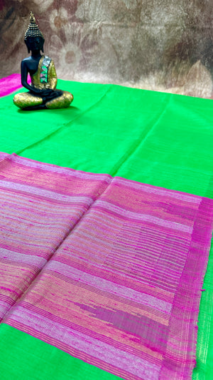 Green and Pink combo pure raw silk saree with stitched blouse