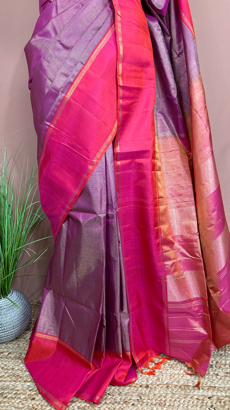 Handloom pure silk pink orange color tissue kanchivaram saree with stitched blouse