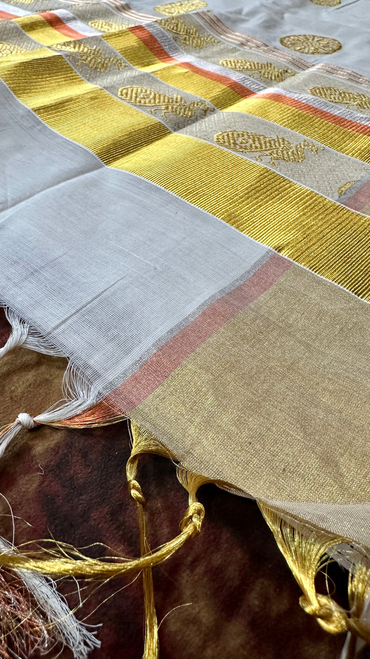 Hadwoven set saree with silver, copper and gold weaved border