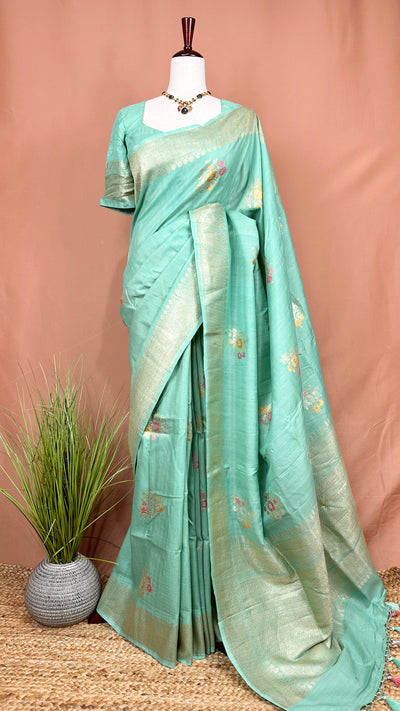 Pure tussar georgette hand loom banarsi saree with meenakari weave, stitched blouse