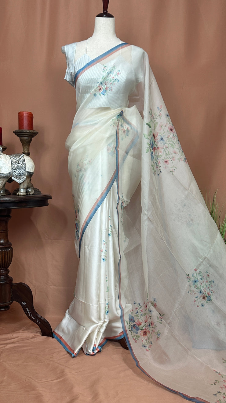 White floral printed Alia bhatt half organza and half satin silk saree with stiched blouse