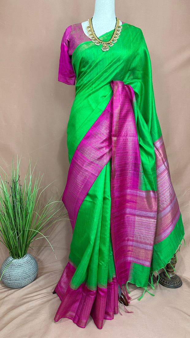 Green and Pink combo pure raw silk saree with stitched blouse