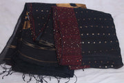 Black muslin pure silk saree with sequins weave, stitched blouse