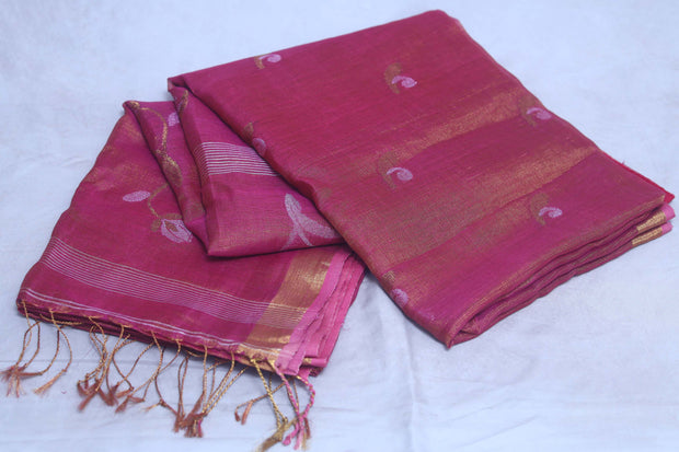 Pink tissue linen saree with jamdani weave, with BP