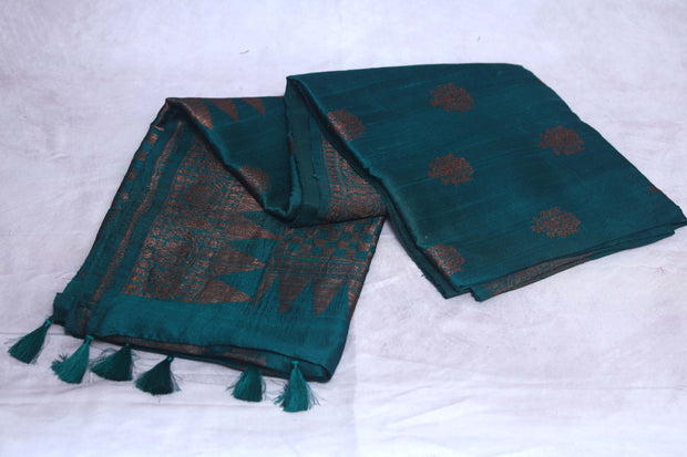 Bottle Green dupion pure silk saree with stitched blouse