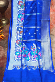 Handloom Blue silver Tussar georgette saree with banarsi weave, stitched blouse