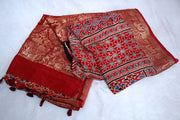 Dola silk saree with Ajrakh hand block print , stitched blouse