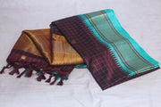 Coffe brown semi silk saree with light blue temple border, with stitched blouse