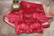 Red soft katan silk saree with silver and gold weave, with stitched blouse