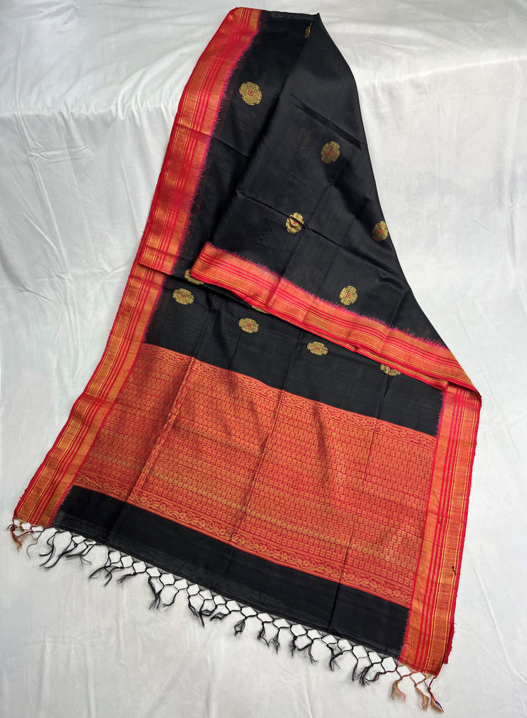 Black and Red Combo Pure Raw Silk Saree with Stitched Blouse