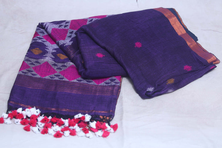 Handloom linen saree jamdani pallu, with BP