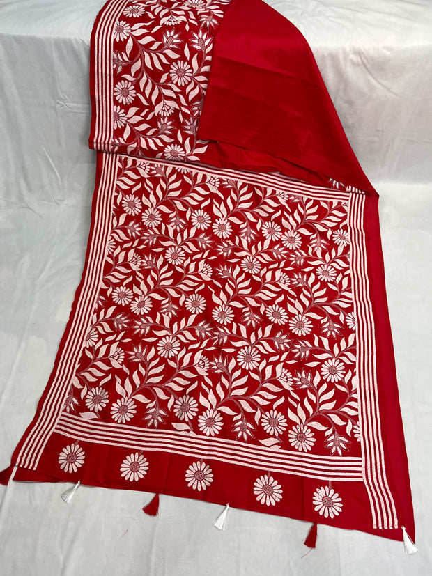 Red pure bangalore silk saree with kantha work , stitched blouse