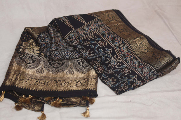 Dola silk saree with Ajrakh hand block print , stitched blouse