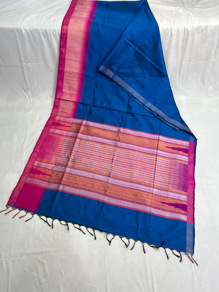 Ink Blue and Pink Combo Pure Raw Silk Saree with Stitched Blouse