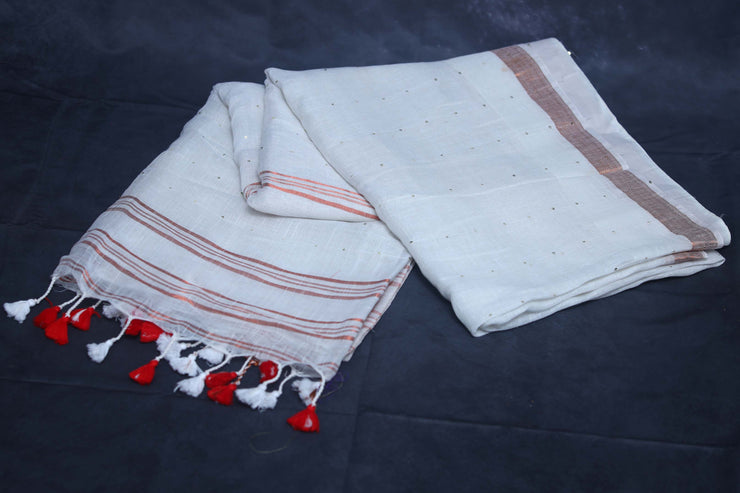 Handloom linen saree with sequins weave , with BP