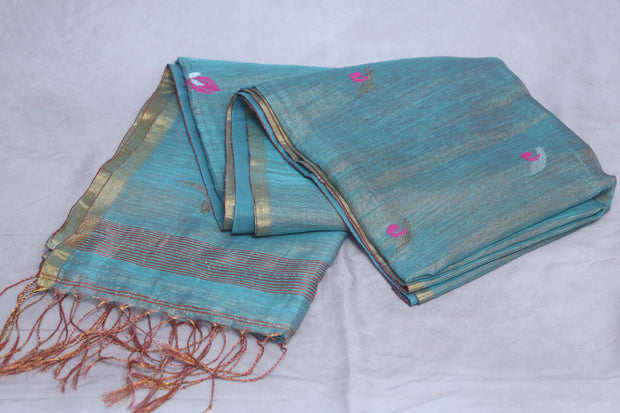 Light blue tissue linen saree with jamdani weave, with BP