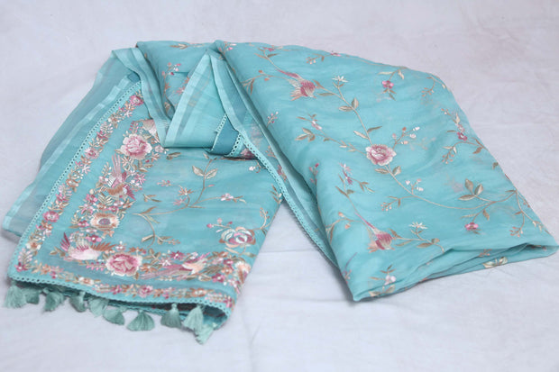 Light blue soft organza saree with Parsi gara machine embroidery work , with stitched blouse