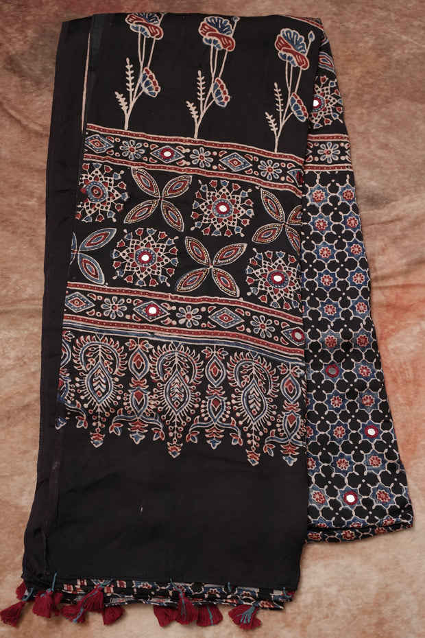 Ajrakh hand block printed Modal silk saree with bead and mirror wirk, with stitched blouse