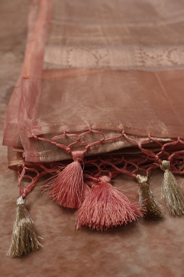 Pure Peach organza tissue silk saree with stitched blouse