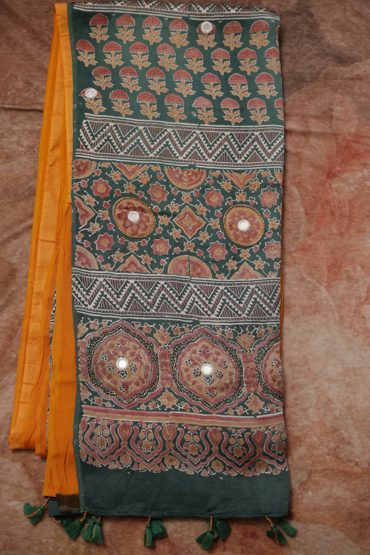 Ajrakh hand block printed Modal silk saree with bead and mirror wirk, with stitched blouse