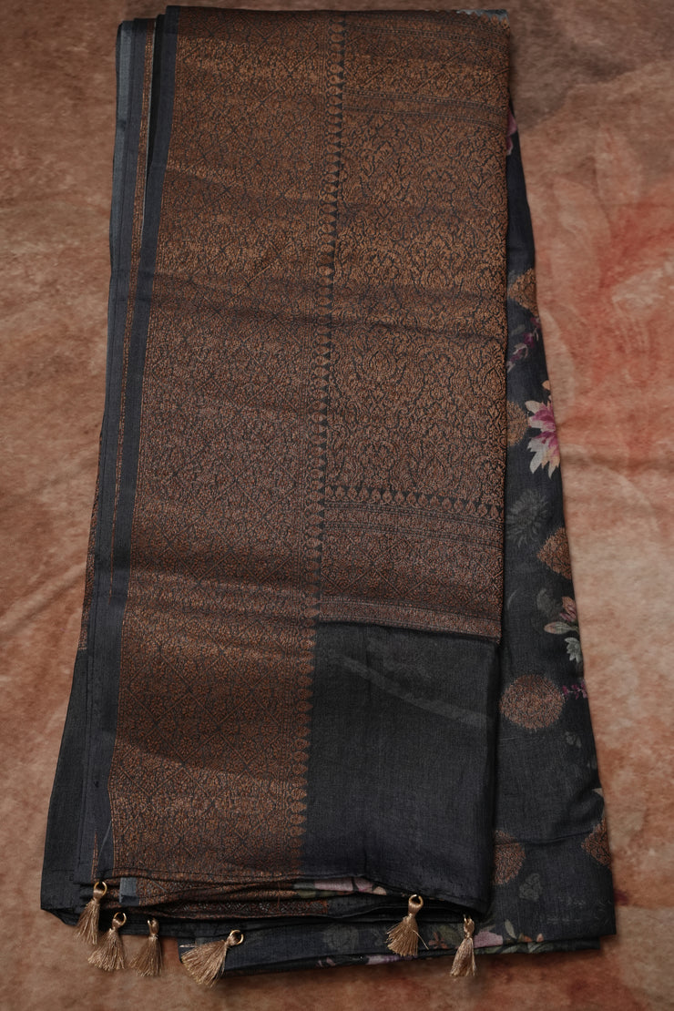 Floral printed pure tussar banarsi with stitched blouse