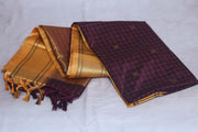 Coffe Brown semi silk saree with yellow temple border, with stitched blouse