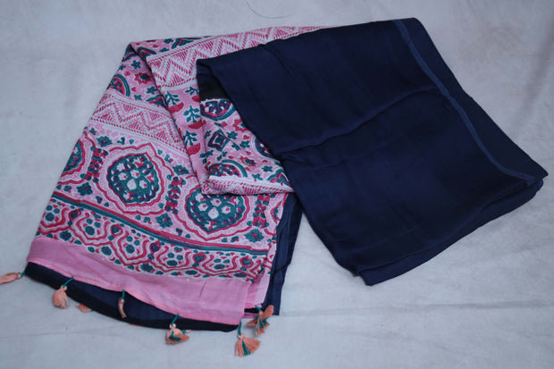 Modal silk saree with hand block print on pallu, with stitched blouse